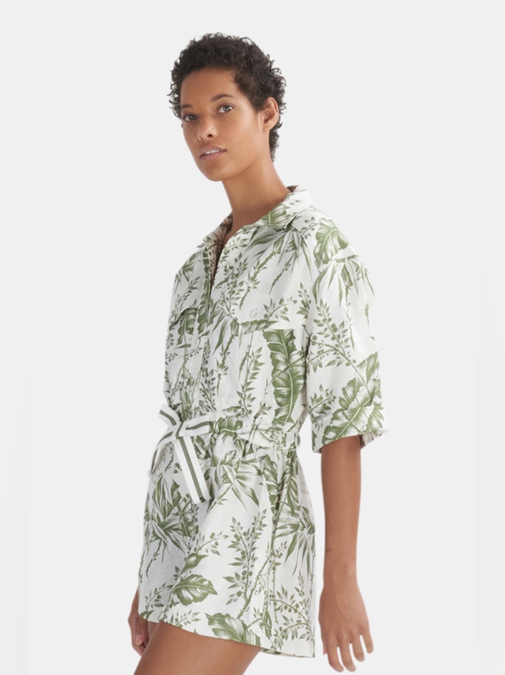 Zimmermann Empire Utility Playsuit in the Khaki Palm Print, Size 1/US Size 6